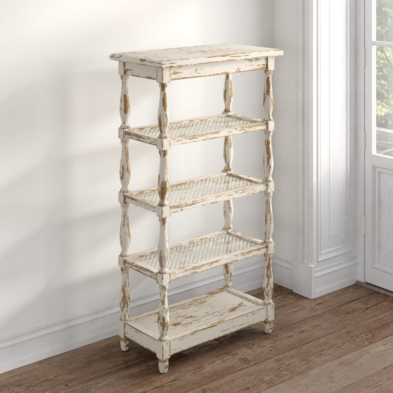 Adella White Wood Distressed Open 5 Shelf Shelving Unit with Spindle Sides and Mesh